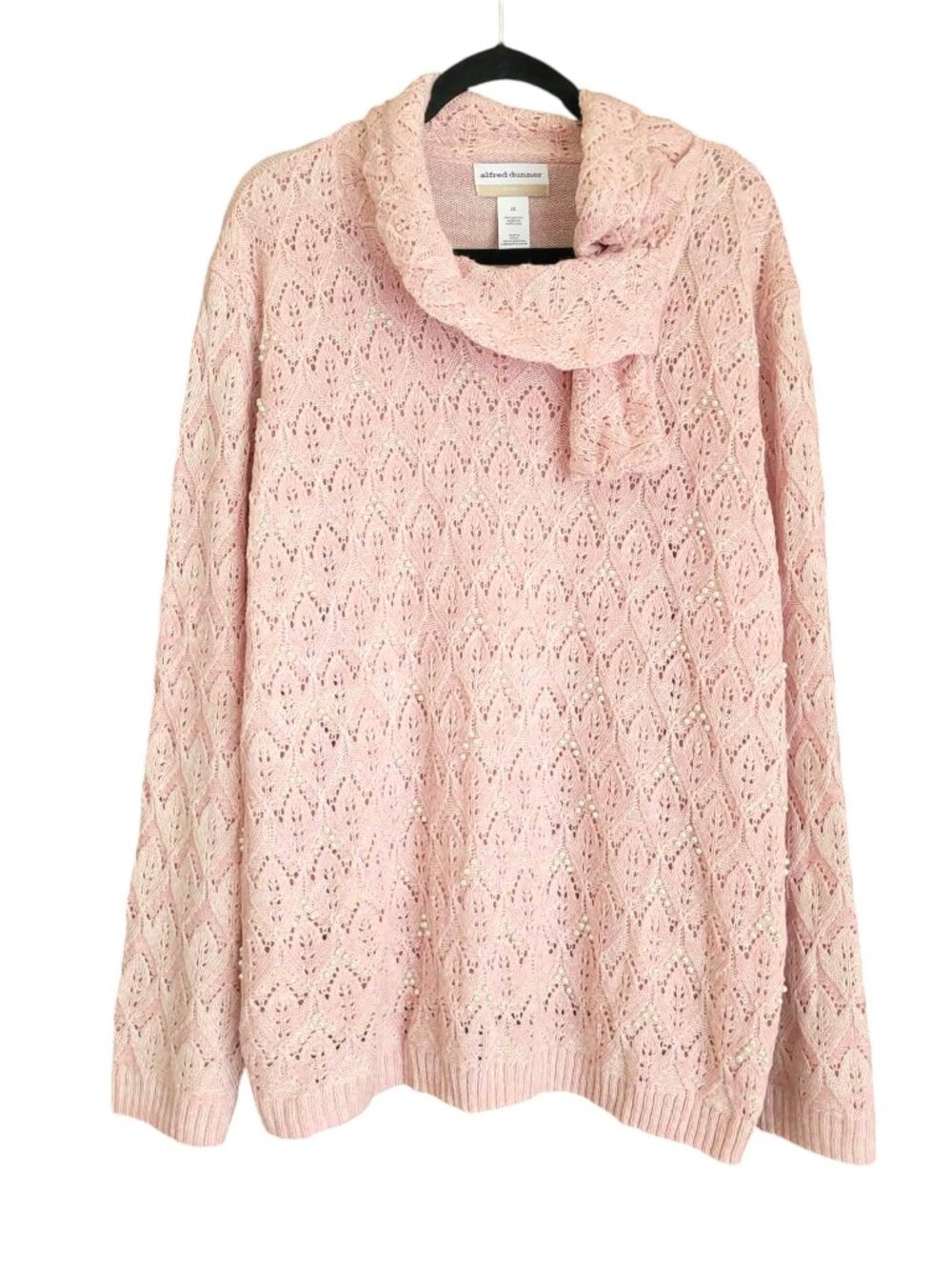 Alfred Dunner Blush Pink Sweater 2X Pearl Pointelle Knit Cowl Neck Scarf NWT